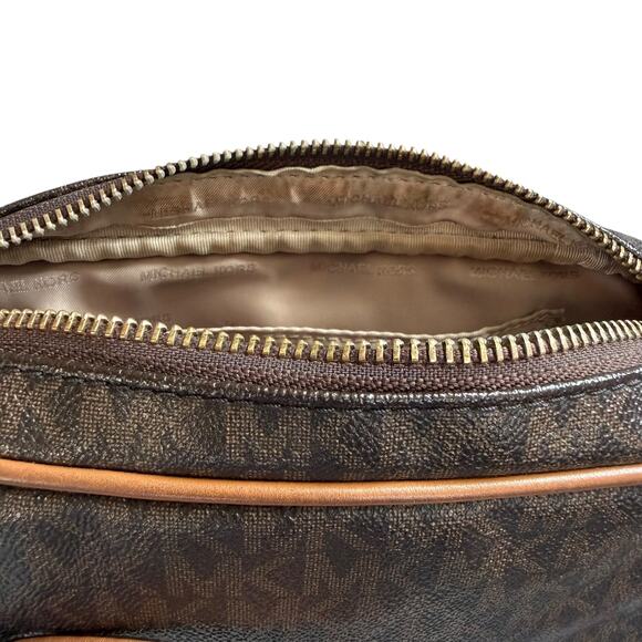 Michael Kors Jet Set Brown MK Signature Crossbody Bag Leather Trim Gold Hardware - Picture 12 of 13